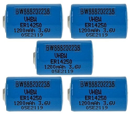 vhbw 5x pila cilindrica al litio ER14250 sostituisce 1/2AA, 1770-XZ, 3B26, 418-0076, 60-0576-100 - Batterie speciali (1200mAh, 3,6V, Li-SOCl2)
