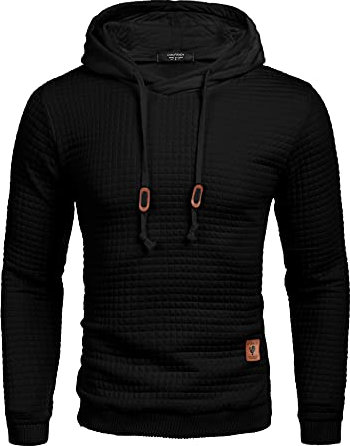 COOFANDY Mens Drawstring Waffle Pullover Hoodies Plain Hoodies for Men Jacquard Long Sleeve Black L
