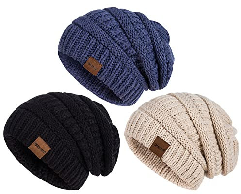 Hatromm Slouchy Mütze Damen Winter 3 Stück, Beanie Mütze Damen Herren Übergroß Warmer Strick, Damen Mütze Winter Dick für Kaltes Wetter(Schwarz+Haferflocken+Denim)