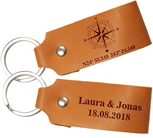 Personalisierter Schlüsselanhänger für Paare aus Leder | Mit doppelseitiger Gravur | Koordinaten | Geschenke zum Jahrestag oder Hochzeitstag für den Partner
