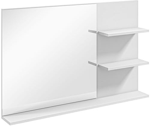 kleankin Specchio Bagno Moderno con 2 Ripiani Laterali e Ripiano Inferiore, Specchio da Parete in MDF e Vetro, 75x10x48 cm, Bianco