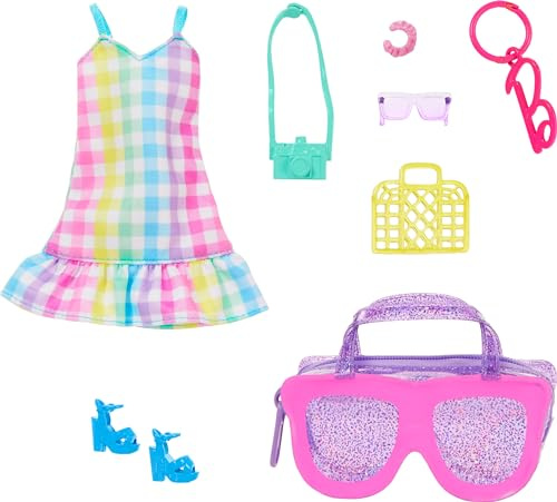 Mattel Barbie HRH50 Fashion-Set – Sommer-Outfit mit Kleid & Sonnenbrillen-Tasche – 5 Accessoires – für Barbie-Puppen – ab 3 Jahren