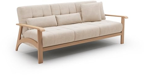 Cavadore 3er-Sofa Billan / 3-Sitzer Schlafsofa im skandinavischen Design mit Bett und massivem Holzgestell in Buche / 199 x 88 x 106 / Mikrofaser, Beige