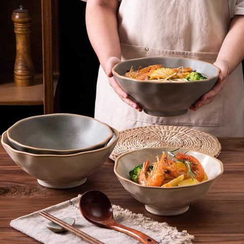 FfiMe Lot de 4 grands bols à nouilles japonaises pour micro-ondes, cuisine moderne, soupe miso udon, bol à ramen en céramique, idéal pour le Pho, les nouilles instantanées, le service, la nourriture