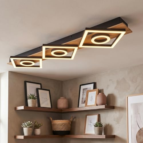 HOFSTEIN LED Deckenleuchte Taboneira, dimmbare Deckenlampe aus Metall/Holz/Kunststoff in Schwarz/Natur/Weiß, dimmbar über Lichtschalter, 12 Watt, 3900 Lumen, 3000 Kelvin, Wohnzimmer, Schlafzimmer
