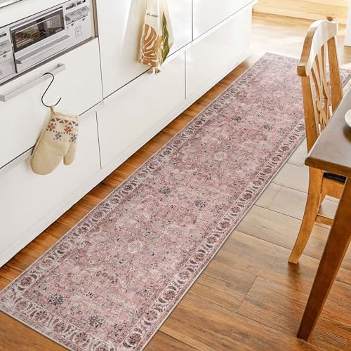 Taleta DAMAIA Tapis de couloir, lavable, antidérapant, doux, à poils longs, style bohème, vintage, pour cuisine, entrée, salon (rose, 80 x 300 cm)