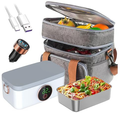 MeLtor Fiambrera Electrica Coche Recargable E Inalámbrico, Loncheras Electricas Portátil Y Con Batería De 16000 mAh, Fiambrera Acero Inoxidable