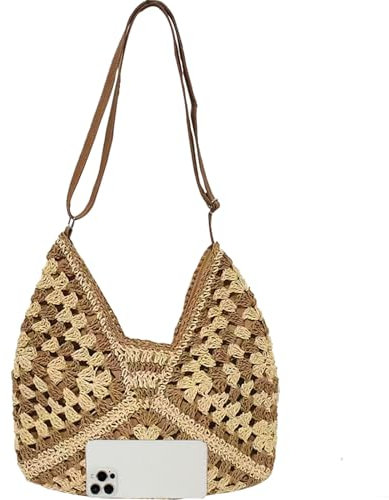 mcuvaec Große Stroh-Hobo-Taschen für Damen, Boho-Azteken-Umhängetasche, gewebte Hobo-Geldbörse, Designer-Strandtasche für Sommer, Urlaub, Arbeit, Khaki 2 mit verstellbarem Riemen, Einheitsgröße