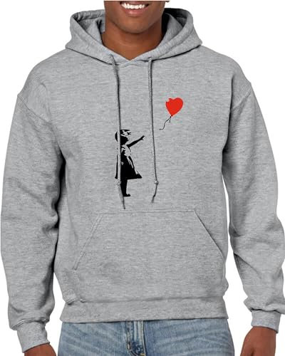 SERIVAL Banksy Mädchen Sweatshirt mit Ballon mit Herz Kapuze und Tasche Street Art, grau, XS