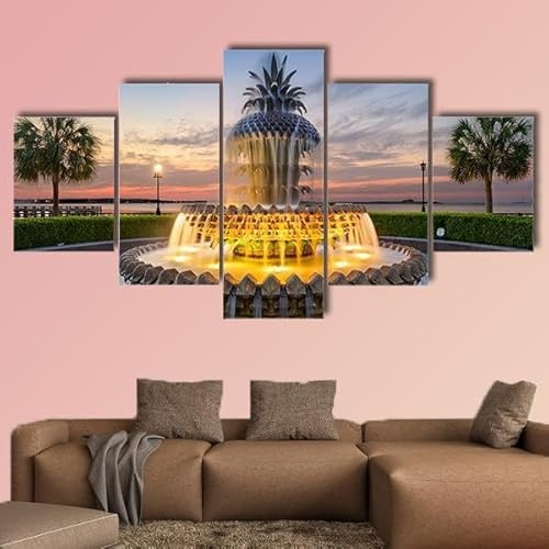 Tela Wall Art Immagine 5 Pezzi Modern Decorazione da Parete per Soggiorno Fontana dell'ananas del parco sul lungomare Parete Arte 5 Pannelli Quadro su Tela Pittura Decorativa - Non Incorniciato