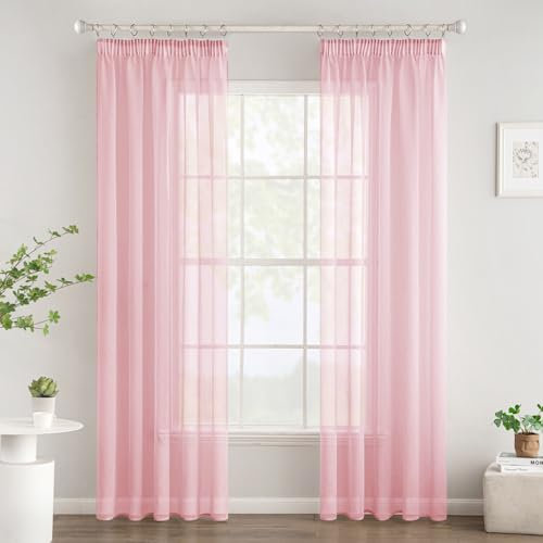 Woaboy Gardinen mit Kräuselband Fenster Voile Vorhänge Wohnzimmer Transparent Sheer Curtains Stores Gardine Schlafzimmer Modern Schlaufengardinen 2er Set 140x245cm (BxH) Rosa