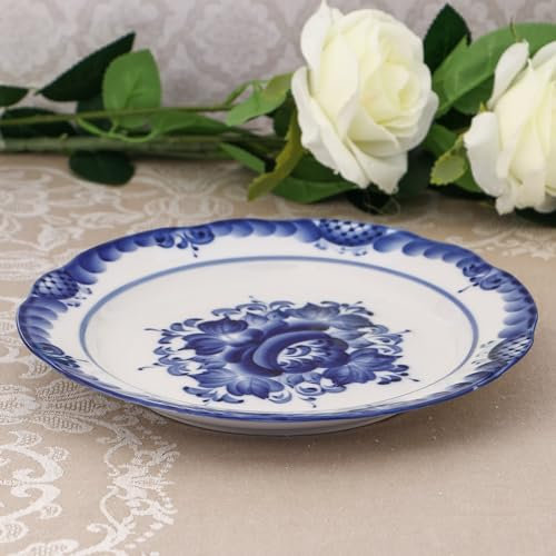 AEVVV Plato de porcelana Gzhel pintado a mano, artesanía rusa floral azul y blanco, vajilla plana tradicional