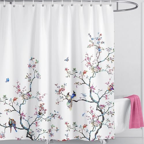 LIVETTY Rideau de douche extra long en tissu résistant à la moisissure avec 12 crochets Motif oiseau blanc 180 x 210 cm