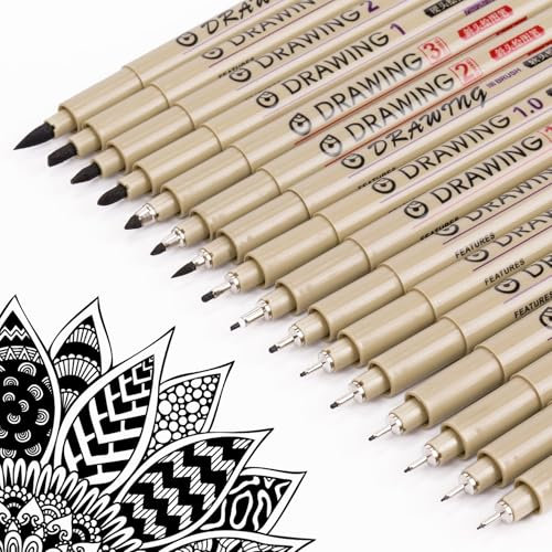 Toptime Fineliner Set, 16 Stück Fineliner Schwarz Stift für Künstler, Wasserfeste Filzstifte mit 16 Verschiedene Linienbreiten, Tuschestifte Pigment Liner für Illustration, Skizzen, Bullet Journaling