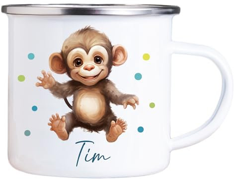 4youDesign Emaille Tasse Kinder personalisiert – Punkte Affe – Tier Namenstasse – Geschenk für Jungen & Mädchen – Bruchsicher & Leicht – Geschenkidee zur Einschulung & Geburtstag - 300ml