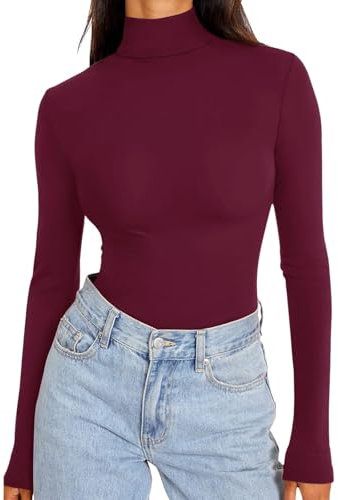 REORIA Women's Long Sleeve Mock Turtle Neck Tops Fall Basic Double Lined Layering Slim Fitted Shirts Thermal Undershirt Winter Clothes(Burgundy Medium)