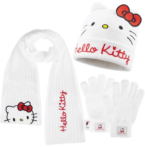 Hello Kitty Ensemble d'Hiver Fille et Ado, Cosy 3 Pièces Bonnet, Echarpe et Gants