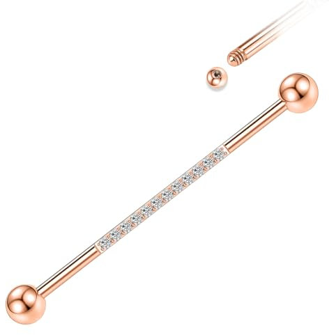 HENYQANN 14G Industrial Piercing 38mm Industrial Barbell Chirurgenstahl Rosegold Helix Piercing Industrial Bar Conch Ohrring Barbell Knorpelohrring Würfel Zirkon für Herren Damen