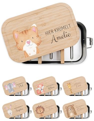 wunderwunsch® - Personalisierte Brotdose für Kinder - Robuste und Individuelle Edelstahl Brotdose mit Namen - Personalisierte Geschenke für Kinder (klein Edelstahl,Katze)