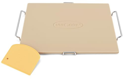 Unicook 38 x 30.5 cm Square Pizza Stone with Rack, Baking Stone for Bread, Cordierite Pizza Pan for Baking Crispy Bread, Pie and Cookies, Includes Carry Rack and Dough Scraper