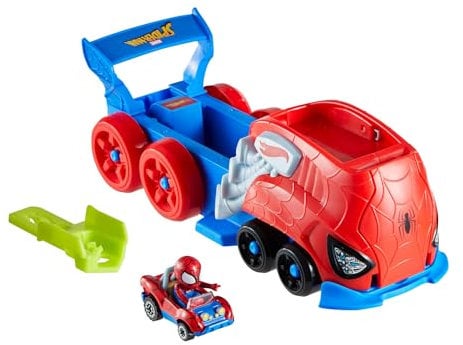 Hot Wheels Spielezeuauto-Trackset, RacerVerse Filmfigur-Starter, großes Fahrzeug und Transporter mit Die-Cast-Spielzeugauto (Stile können abweichen), JFV69