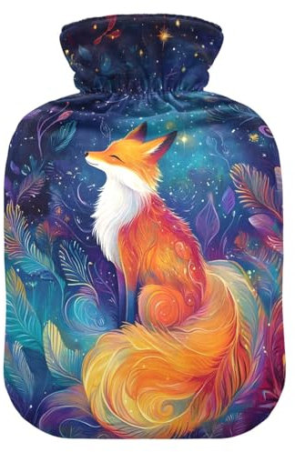 Fox in Sternennacht Wärmflasche mit weichem Bezug, Fußwärmer mit weichem Bezug, Wärmbeutel zur Linderung von Nacken- und Schulterschmerzen, 1 Liter