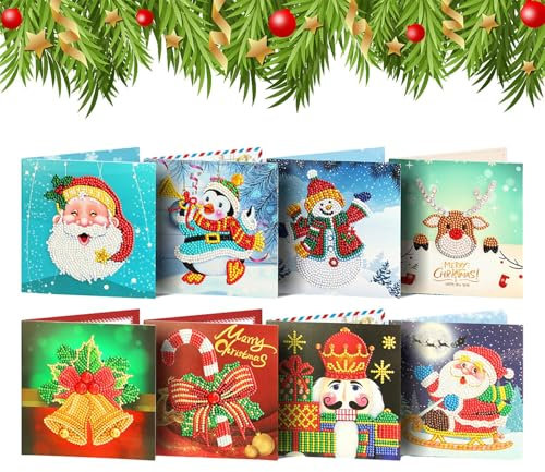 demaxiyad Weihnachtskarten – 8 Stück Strass-Kunst-Grußkarten, Weihnachtskarten-Set, Urlaubspostkarte, Kristall-Malkarten für Weihnachten, Geburtstagskarten
