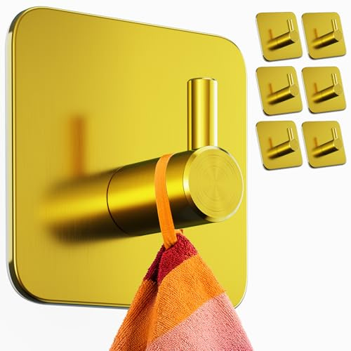 Menz Handtuchhalter ohne Bohren in Gold, 6er Set | Extra starke Klebehaken Edelstahl, Haken selbstklebend mit wasserfesten Klebepads, Badezimmer Handtuchhalter