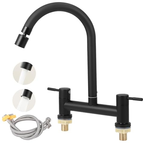 Kitchen Mixer Taps 2 Hole, Traditional Bridge Mixer Tap with 360 Swivel Spout and Dual Spray Modes, Mixer Taps Mixer Deck Mounted, Mixer Tap Kitchen Sink for Bathroom (01)
