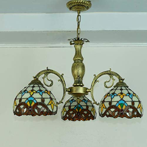 24 Zoll Tiffany Kronleuchter 3 Lichter Creme Braun Buntglas Pendelleuchte Kette Verstellbare Barock Viktorianische Hängeleuchte Leuchten für Wohnzimmer Esszimmer Schlafzimmer Hotel