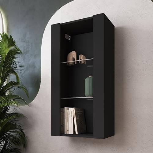 Komodee, Hängende Vitrine Schrank Tivoli, Schwarz/Schwarz, Breite 50cm x Höhe 100cm 50cm x Tiefe 29cm, 2 Regalböden, für Wohnzimmer, Schlafzimmer, Eingang