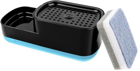 VFANDV Dosificador Jabon Cocina, 2 en 1 Dispensador de Jabón para Lavavajillas Pump con Soporte para Esponja con Esponja Estropajo Fregadero (Negro)