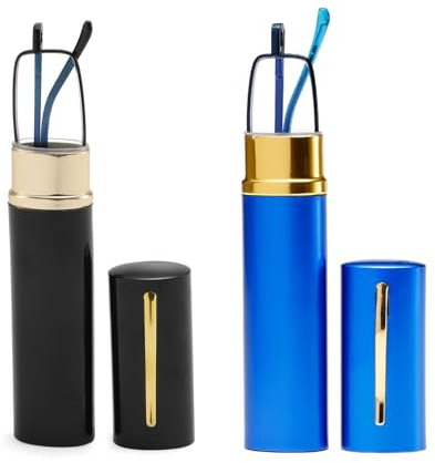 OWTXIS 2 Pack Blue Light Blocking Reading Glasses - Slim Pocket Readers with Pen Clip Case Mini Lightweight Readers (Black, Blue, +1.25)