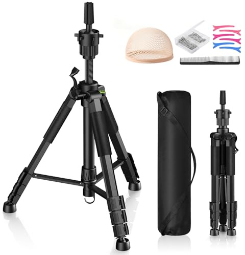 Retbtnm 54 Inch Mannequin Head Stand, Adjustable Wig Stand Tripod with Hook, Wig Styling Stand with Non-Slip Base for Making, Display, Training