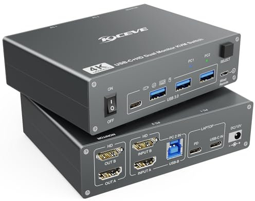 KVM Switch 2 PC 2 Monitores HDMI USB C Dual Monitor USB 3.0 Tipo C Conmutador 4K @ 60Hz para 2 ordenadores, teclado y ratón Compartir
