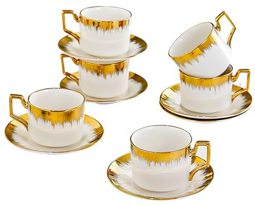 Juego de 6 Tazas de con Platos – Tazas de Café de Cerámica 200ml – Blancas con Borde Dorado – Tazas Gruesas con Asa – Apto para Lavavajillas – Regalo Elegante