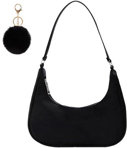TYXHXTF Umhängetasche Damen Handtasche, Klein Schultertasche Nylon mit Pom-Pom-Schlüsselanhänger Y2k Handtaschen Damen mit Reißverschluss-Geschenk für Frauen Dating Reisen Party Einkaufe