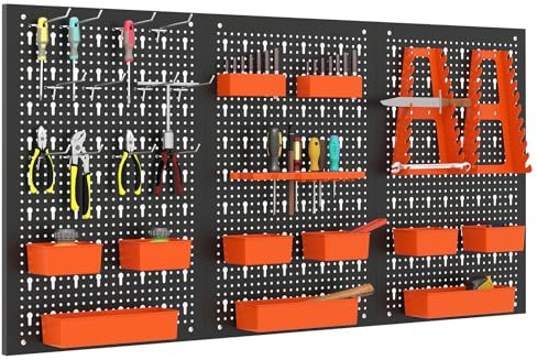 GYMAX Werkzeugwand 120 x 60 x 2 cm, Werkzeug Lochwand aus Metall mit Haken, Aufbewahrungsboxen & Werkzeughalter, Werkzeughalter Set für Werkbank, Garage, Bastelraum