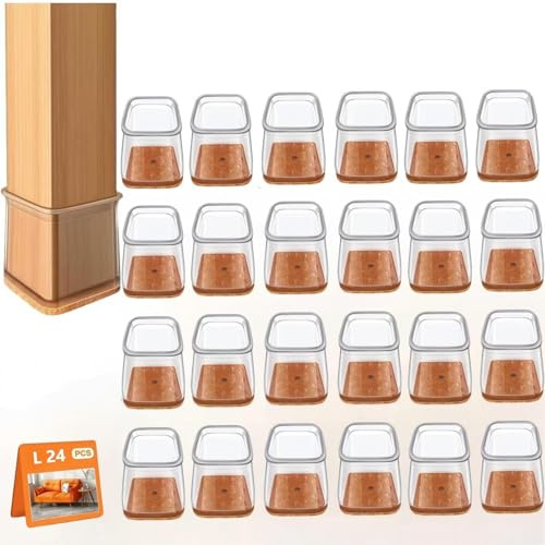 Lot de 24 embouts de pieds de chaise en silicone transparent avec feutre - Capuchons de protection pour pieds de chaise - Petits patins en feutre pour sols en bois, stratifiés et sols carrelés (carrés