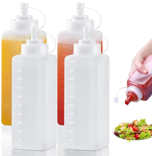 BORDEAG 4 Stück Squeeze Flasche, 1000ml Quetschflasche mit Kappen, Squeeze Condiment Flaschen, Leer Plastickflasche, Spritzflaschen, Saucenflasche für Ketchup, Soße, Scharfe, Olivenöl