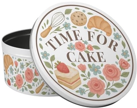 Purely Home Time for Cake Round Storage Tin - Large Metal Tin Kitchen Storage Container Gifts 23 x 10cm