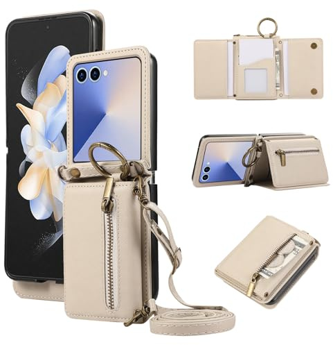 ESONG Portefeuille Bandoulière Coque pour Samsung Galaxy Z Flip 7 avec Anneau, Etui en Cuir PU Flip Folio Cordon Housse pour Fille, Magnétique, Béquille, Fentes de Cartes Beige