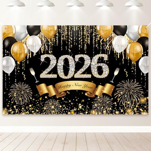 PartyYaa Neujahr Banner, 2026 Silvester Deko Party Stoff Hintergrund Dekoration, 2026 Frohes Neues Jahr für Drinnen & Draußen, 180 x 110cm