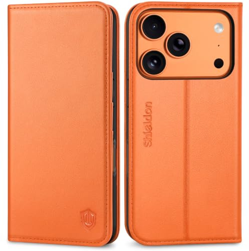 SHIELDON Echtleder Hülle für iPhone 17 Pro 6,3 5G 2025, Orange | Schutzhülle, Kabelloses Laden, Ständer, 3 Kartenfächer, Handy-Ösen, Handyhülle, Lederhülle, Klappbare Case