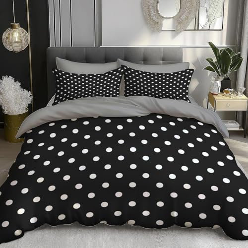 Weiße Punkte Bettwäsche 135x200 3teilig, Schwarz Bettbezug 135x200 cm mit 2 Kissenbezügen Weich 3D Wende Bettwäsche Set Atmungsaktiv Pflegeleicht M/1499