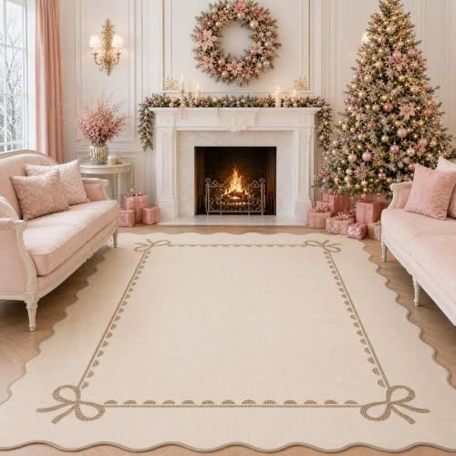 CAROMIO Waschbarer Teppich Wohnzimmer mit Wellenrand 160x230 cm Beige | ca. 6mm Ultradünn, Moderner Uni-Teppich für Schlafzimmer Kinderzimmer, Kurzflor, rutschfest, pflegeleicht, faltbar