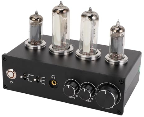 AUNMAS Preamplificatore Fono Valvolare Elettronico, Preamplificatore Audio Stereo HiFi con Jack per Cuffie da 3,5 MM e Controllo dei Bassi Acuti, per Giradischi MM MC (Spina UE 100-240 V)