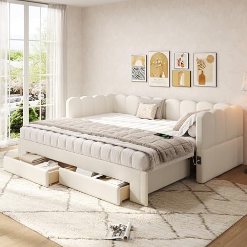 Xwiny Tagesbett 90x200 cm, Polsterbett mit USB-Anschluss, Ausziehbett mit Schubladen, Lattenrost aus Holz, Beige, Chenille(Ohne Matratze)