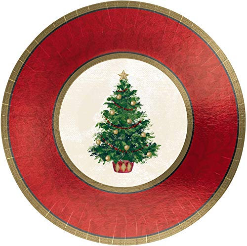 Amscan Classic Christmas Tree Round Metallic Dessert Paper Plates Party Disposable Tableware (Pack Of 8), Red/Green, 7