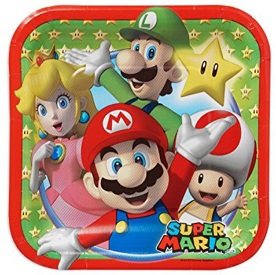 Amscan- Lot de 8 Assiettes carrées en Carton sur Le thème Super Mario, 18 cm, Imprimé Brothers, 541554